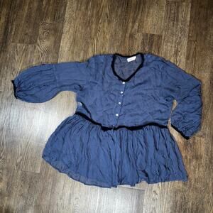 BODIL Lagenlook Blue Sheer LS Silk Blouse L black trim Art To Wear Layered USA